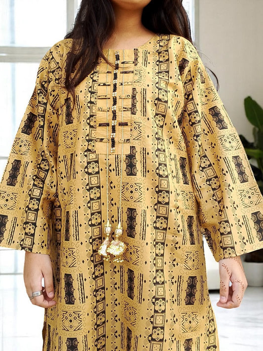 Self Printed Cotton 2-Piece Dress | Gol Ghera Shirt with Plazo | Stylish Neck Design (Skin)