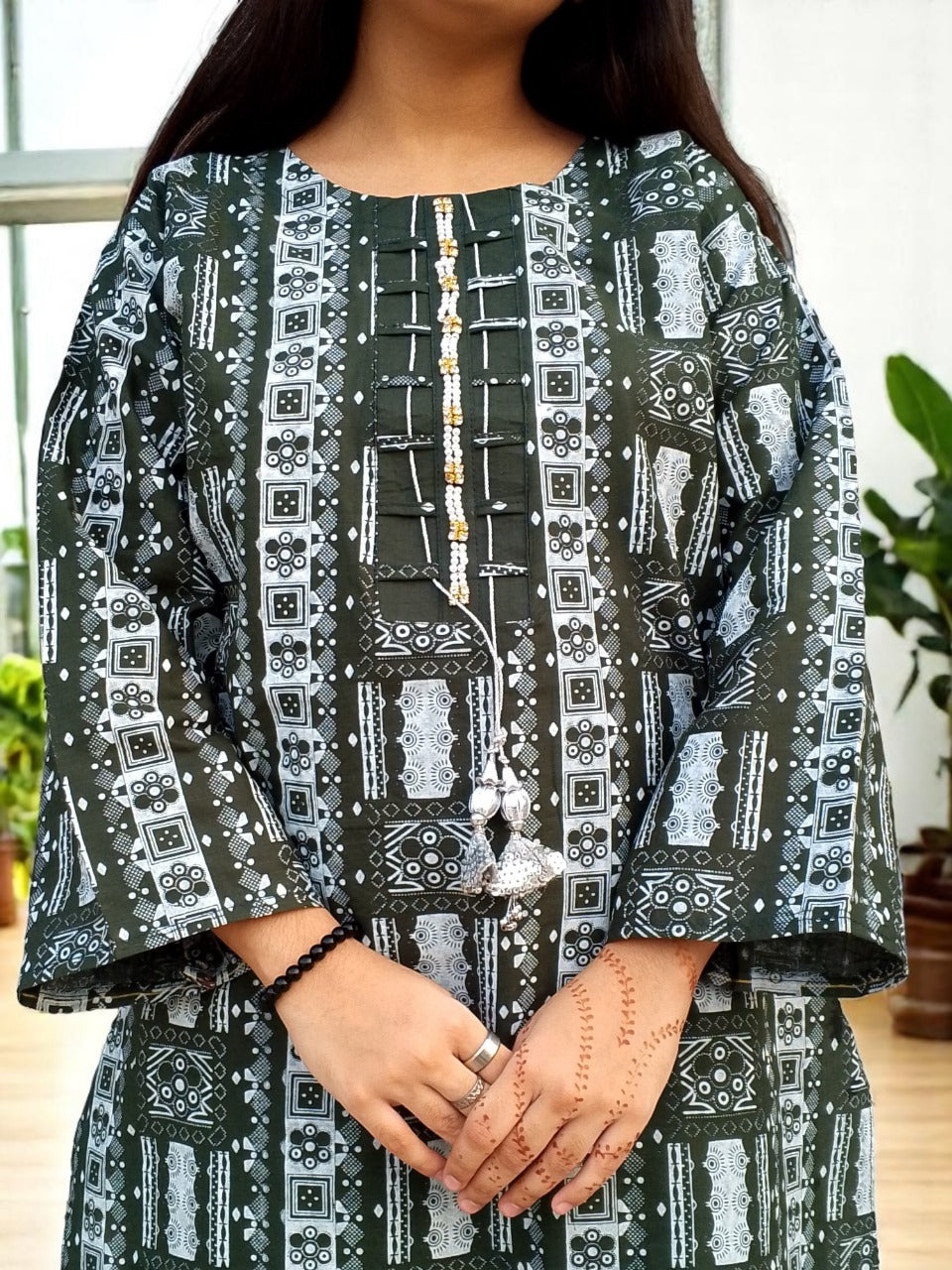 Self Printed Cotton 2-Piece Dress | Gol Ghera Shirt with Plazo | Stylish Neck Design (BOTTLE GREEN)