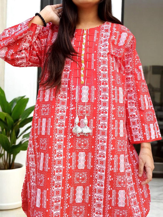 Self Printed Cotton 2-Piece Dress | Gol Ghera Shirt with Plazo | Stylish Neck Design (RED)