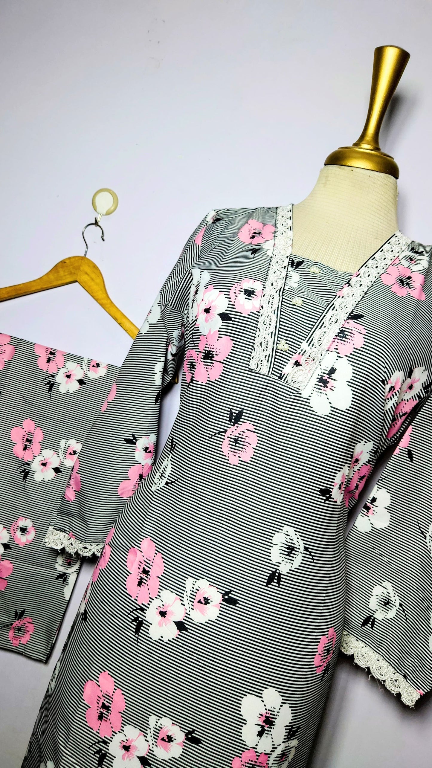 Cotton 2-Piece Stitched Set with Elegant Lace Detailing – Long Length Outfit (29)