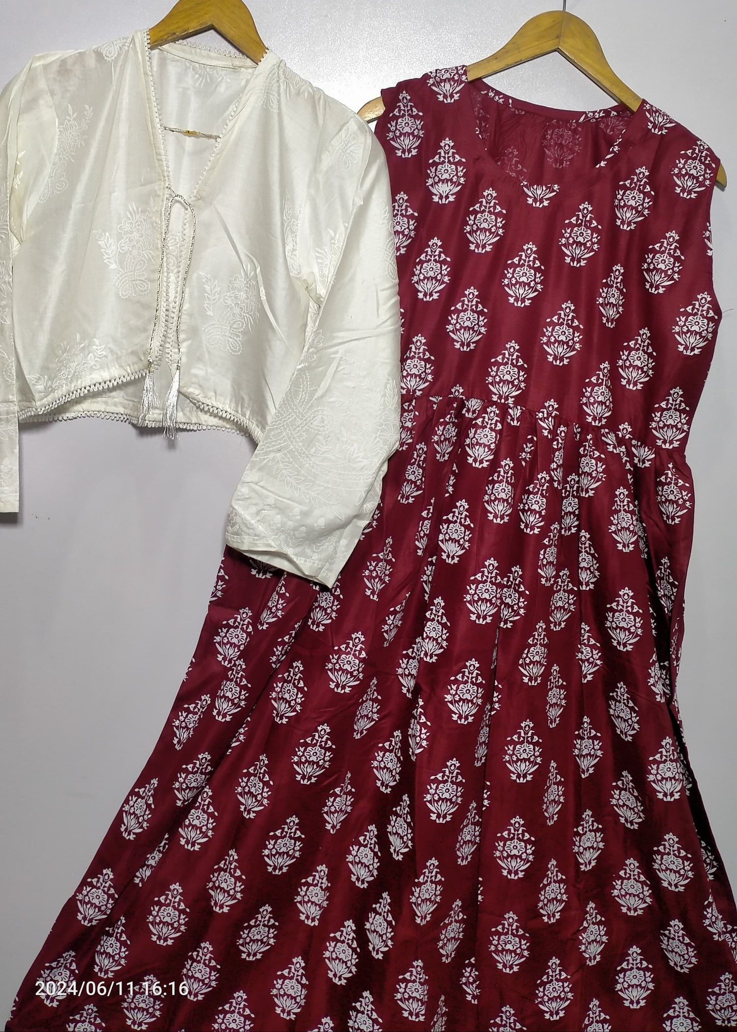 Tropical Breeze Long Frock With Jacket (Mehroon)