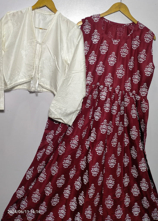 Tropical Breeze Long Frock With Jacket (Mehroon)