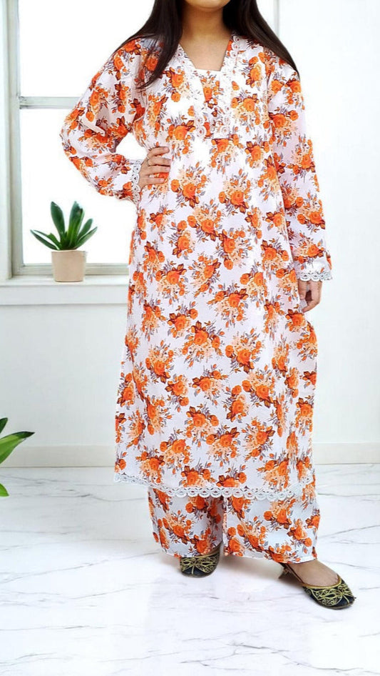 Cotton 2-Piece Stitched Set with Elegant Lace Detailing – Long Length Outfit (19)