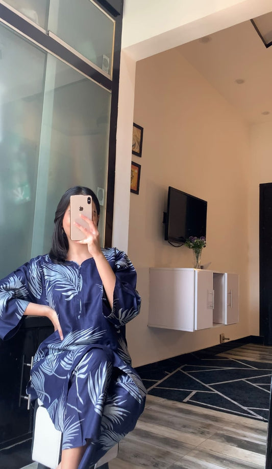 Linen 2-Piece Leaf Design (Navy Blue)