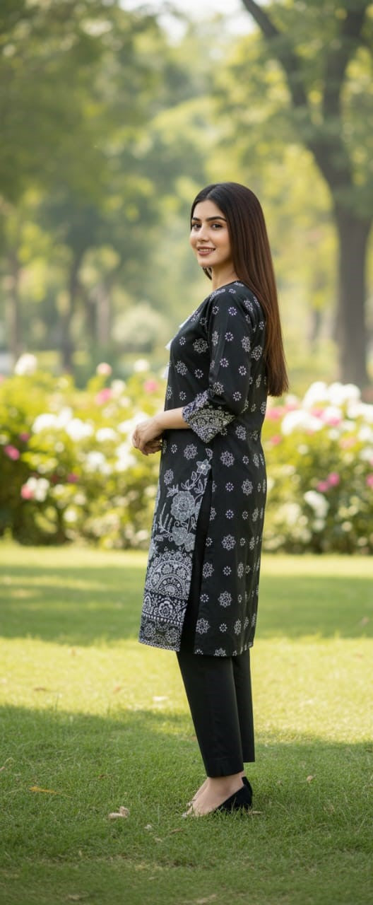 Steam Printed Linen 2-Piece Outfit for Girls (BLACK WHITE-3) (86)