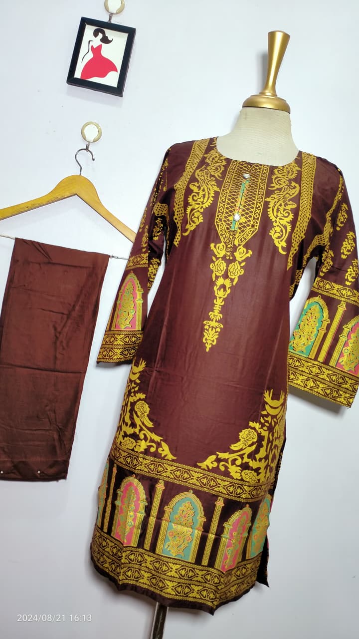 Classy Summer Arabic Lenan 2-Piece Suit (Brown) (90)
