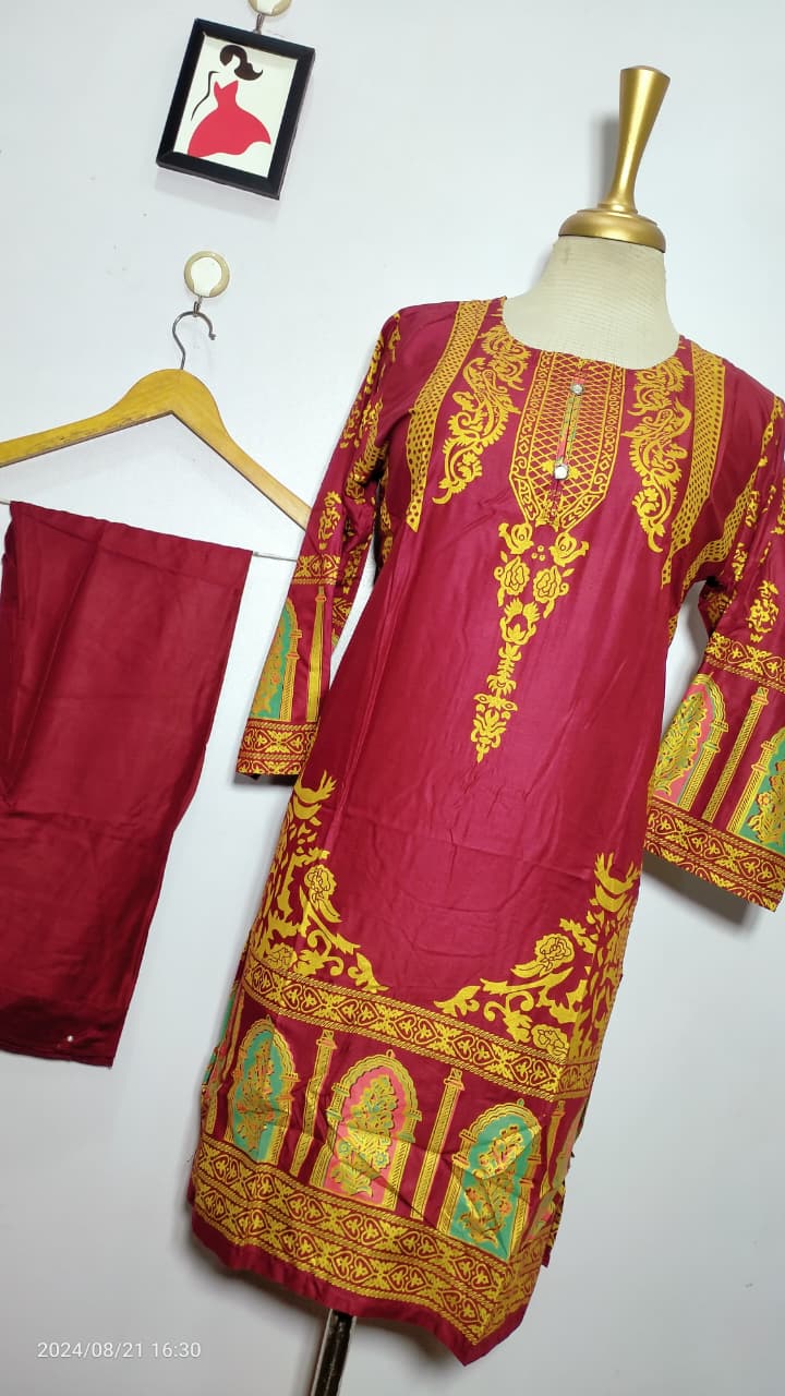 Classy Summer Arabic Lenan 2-Piece Suit (Mehroon) (67)