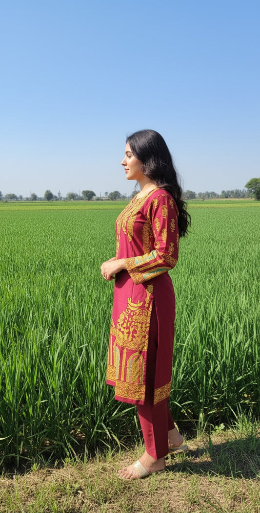 Classy Summer Arabic Lenan 2-Piece Suit (Mehroon) (67)