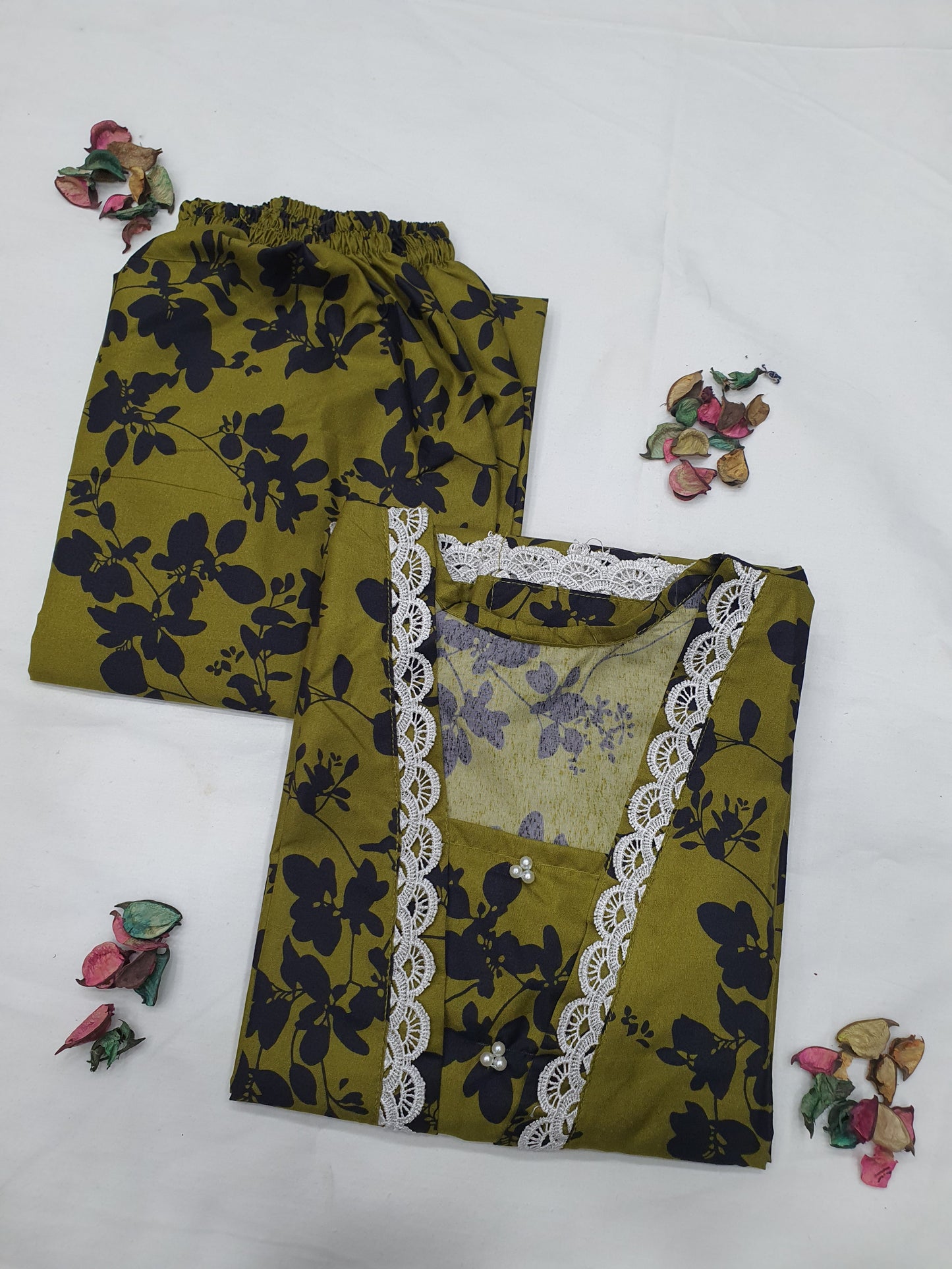 Cotton 2-Piece Stitched Set with Elegant Lace Detailing – Long Length Outfit (05)