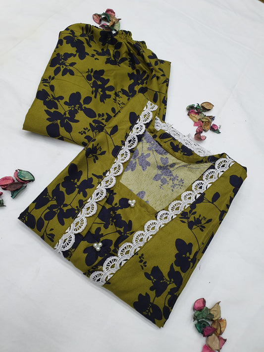 Cotton 2-Piece Stitched Set with Elegant Lace Detailing – Long Length Outfit (05)