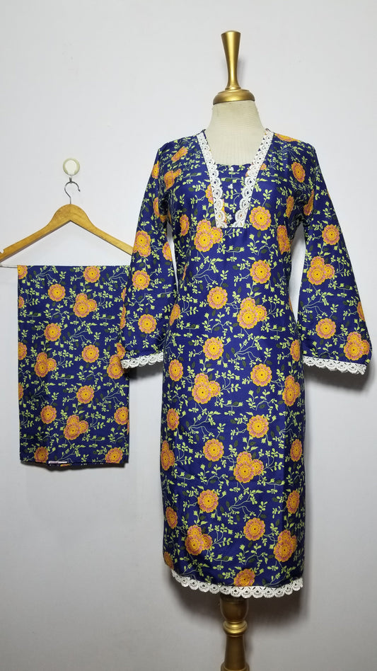 Cotton 2-Piece Stitched Set with Elegant Lace Detailing – Long Length Outfit (15)