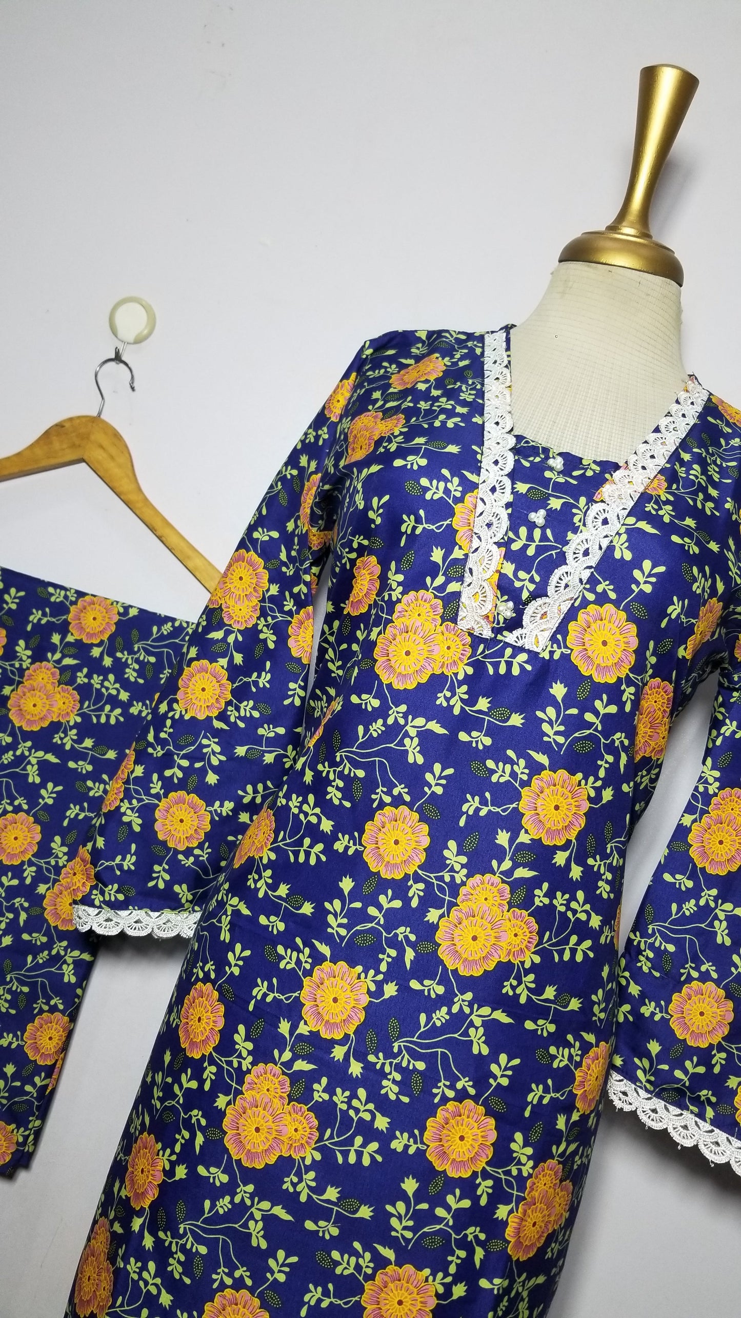 Cotton 2-Piece Stitched Set with Elegant Lace Detailing – Long Length Outfit (15)