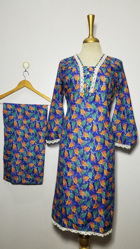 Cotton 2-Piece Stitched Set with Elegant Lace Detailing – Long Length Outfit (17)