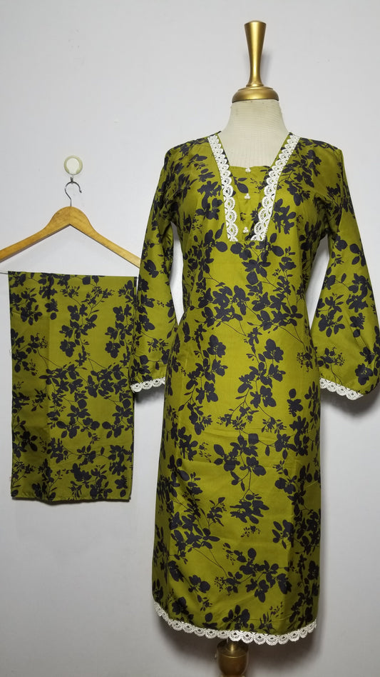 Cotton 2-Piece Stitched Set with Elegant Lace Detailing – Long Length Outfit (05)