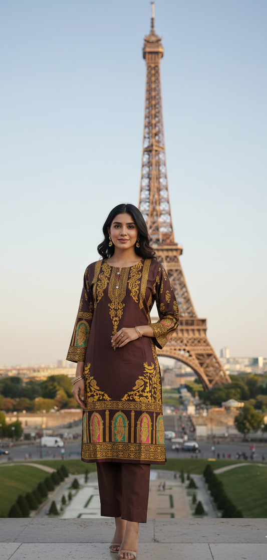 Classy Summer Arabic Lenan 2-Piece Suit (Brown) (90)