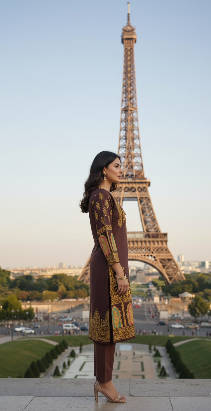 Classy Summer Arabic Lenan 2-Piece Suit (Brown) (90)