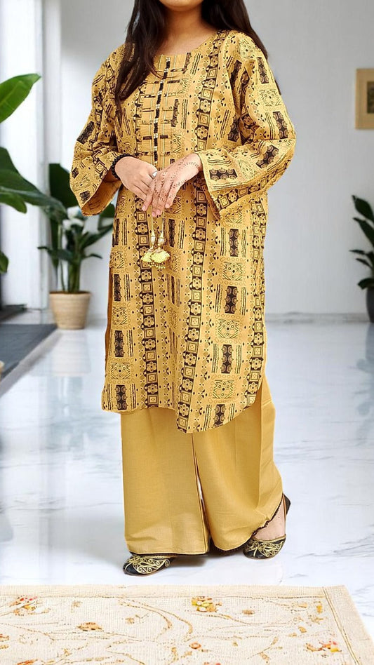 Self Printed Cotton 2-Piece Dress | Gol Ghera Shirt with Plazo | Stylish Neck Design (Skin)