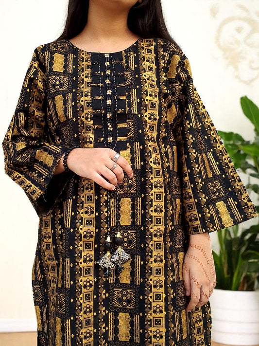 Self Printed Cotton 2-Piece Dress | Gol Ghera Shirt with Plazo | Stylish Neck Design (BLACK GOLD))