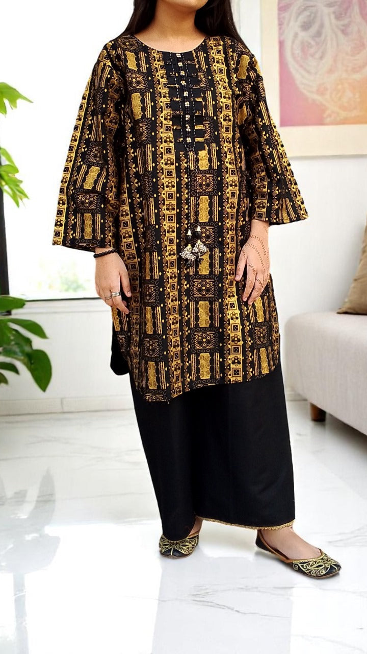 Self Printed Cotton 2-Piece Dress | Gol Ghera Shirt with Plazo | Stylish Neck Design (BLACK GOLD))