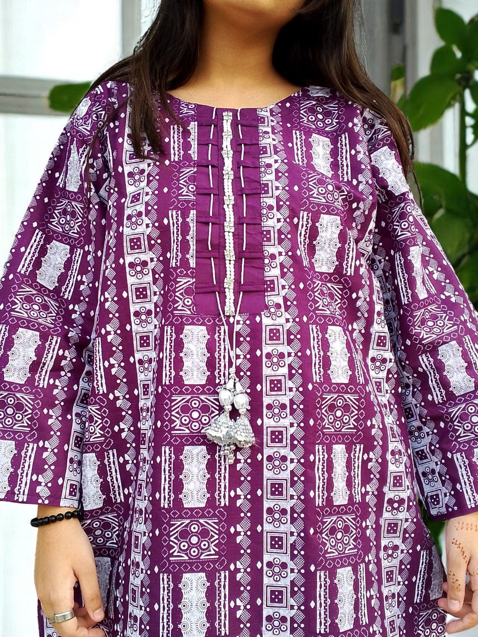 Self Printed Cotton 2-Piece Dress | Gol Ghera Shirt with Plazo | Stylish Neck Design (PURPLE)