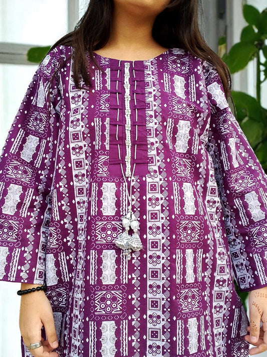 Self Printed Cotton 2-Piece Dress | Gol Ghera Shirt with Plazo | Stylish Neck Design (PURPLE)