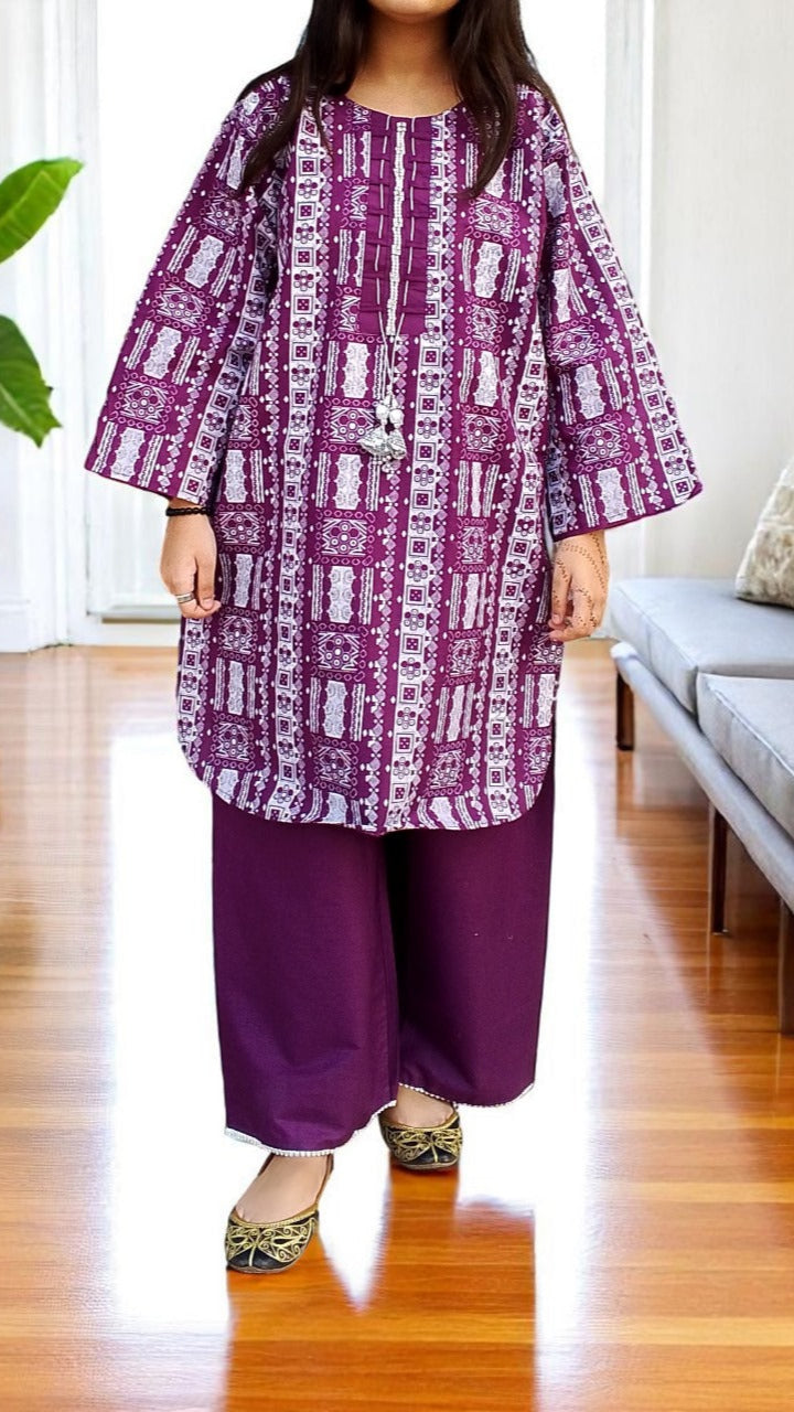 Self Printed Cotton 2-Piece Dress | Gol Ghera Shirt with Plazo | Stylish Neck Design (PURPLE)