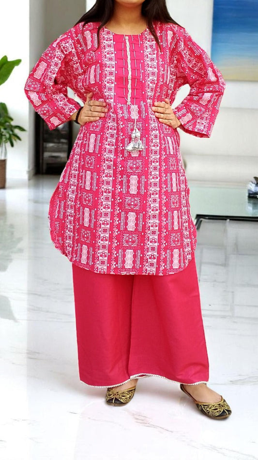 Self Printed Cotton 2-Piece Dress | Gol Ghera Shirt with Plazo | Stylish Neck Design (PINK)