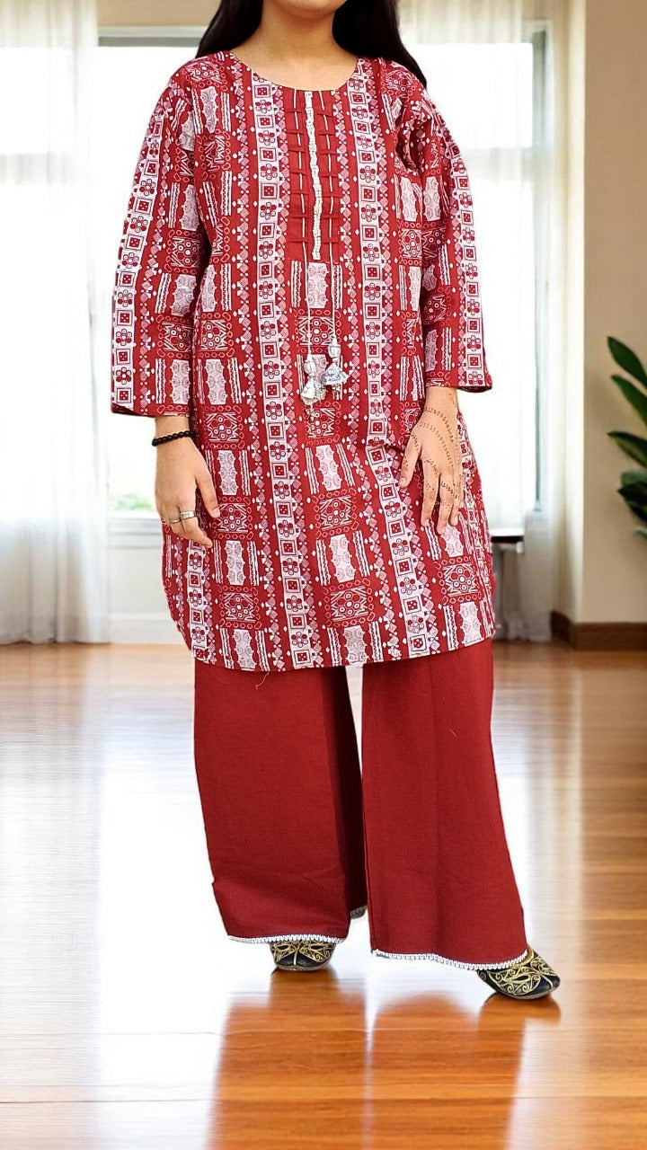 Self Printed Cotton 2-Piece Dress | Gol Ghera Shirt with Plazo | Stylish Neck Design (MAROON))