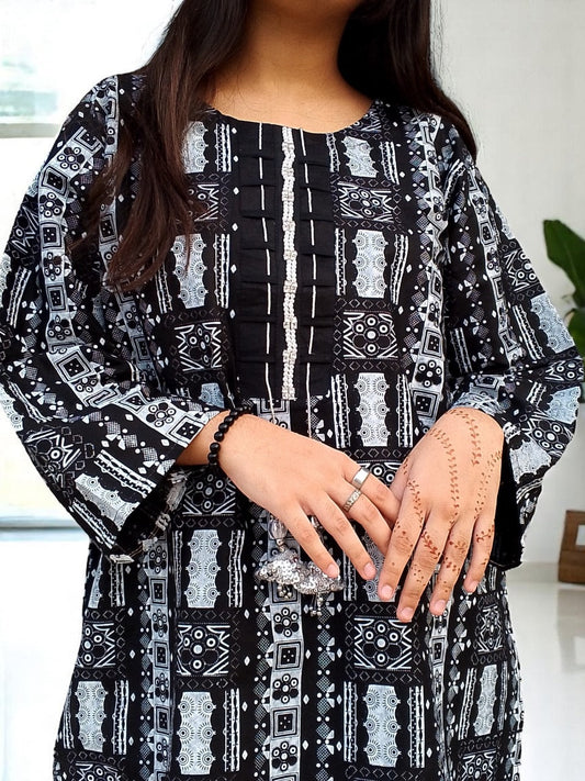 Self Printed Cotton 2-Piece Dress | Gol Ghera Shirt with Plazo | Stylish Neck Design (BLACK WHITE)