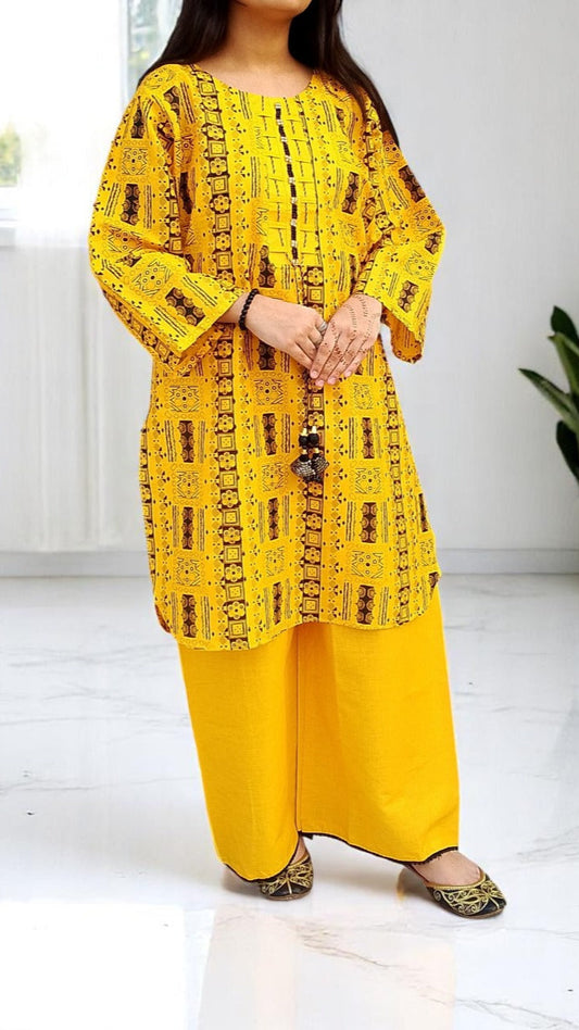 Self Printed Cotton 2-Piece Dress | Gol Ghera Shirt with Plazo | Stylish Neck Design (YELLOW)
