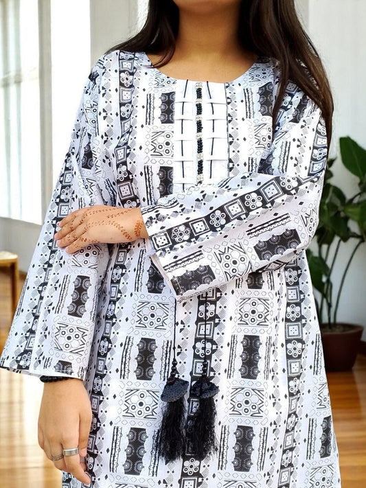 Self Printed Cotton 2-Piece Dress | Gol Ghera Shirt with Plazo | Stylish Neck Design (WHITE)