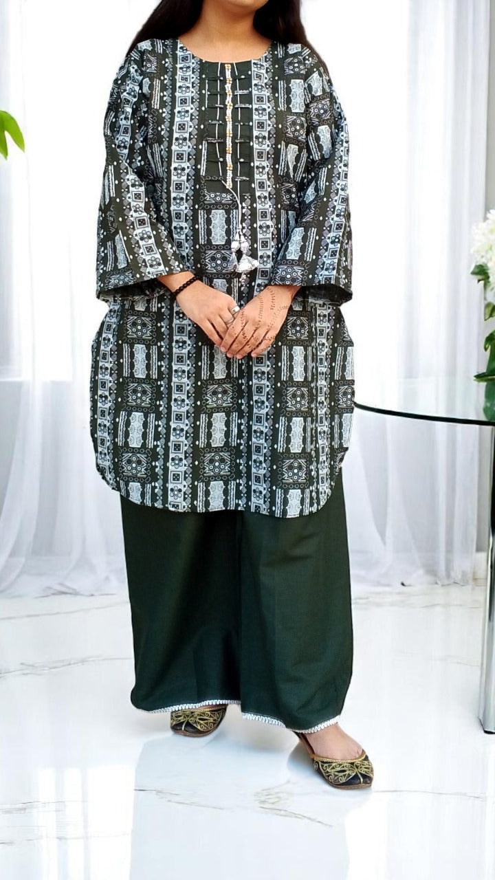 Self Printed Cotton 2-Piece Dress | Gol Ghera Shirt with Plazo | Stylish Neck Design (BOTTLE GREEN)