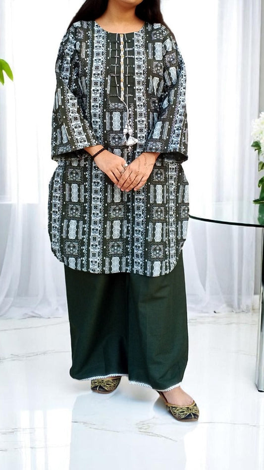 Self Printed Cotton 2-Piece Dress | Gol Ghera Shirt with Plazo | Stylish Neck Design (BOTTLE GREEN)