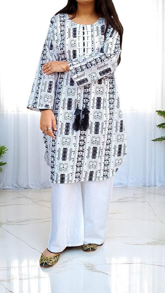 Self Printed Cotton 2-Piece Dress | Gol Ghera Shirt with Plazo | Stylish Neck Design (WHITE)