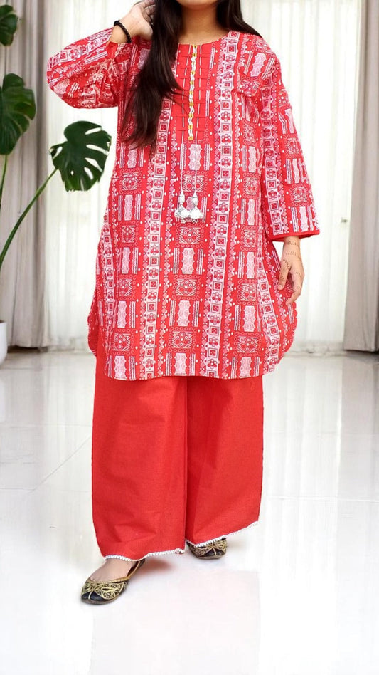 Self Printed Cotton 2-Piece Dress | Gol Ghera Shirt with Plazo | Stylish Neck Design (RED)