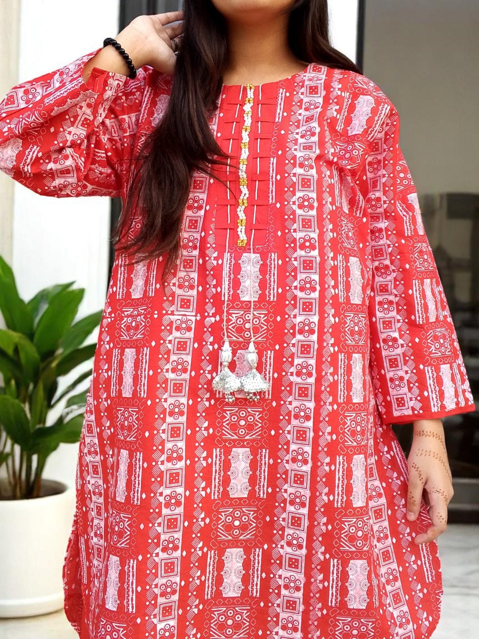 Self Printed Cotton 2-Piece Dress | Gol Ghera Shirt with Plazo | Stylish Neck Design (RED)