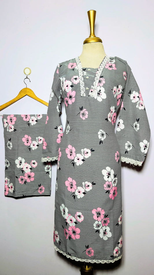 Cotton 2-Piece Stitched Set with Elegant Lace Detailing – Long Length Outfit (29)