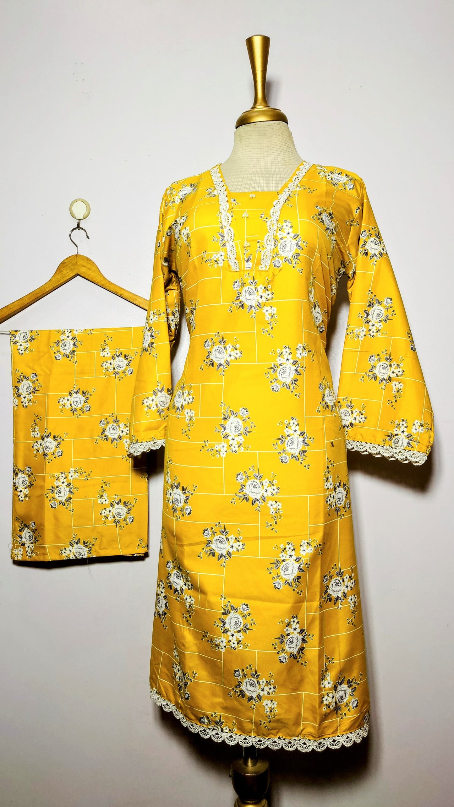 Cotton 2-Piece Stitched Set with Elegant Lace Detailing – Long Length Outfit (28)