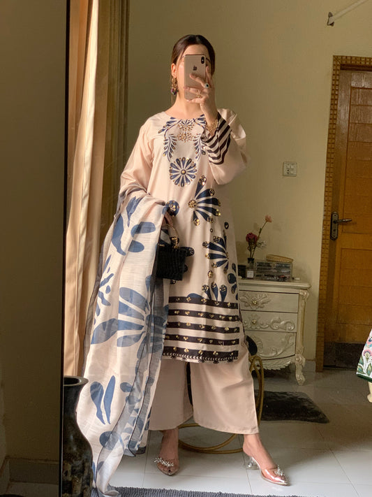 Huria Opulence Longline Stitched Silken Lawn 3-Piece Collection