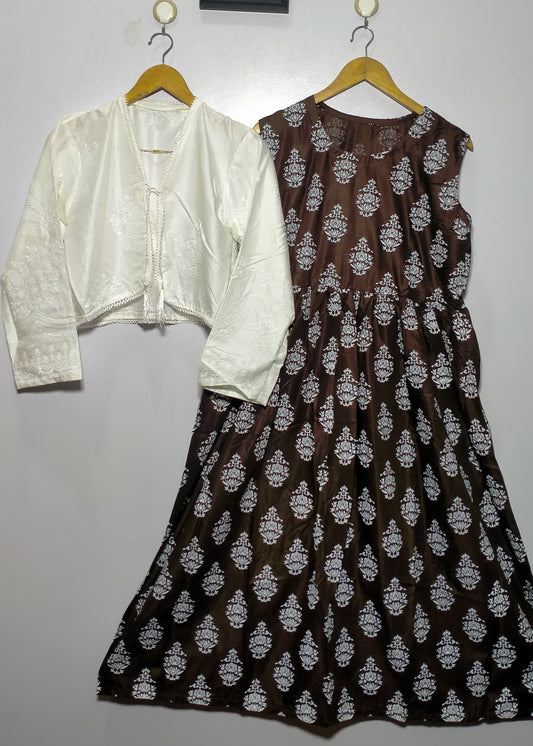 Tropical Breeze Long Frock With Jacket (Brown)