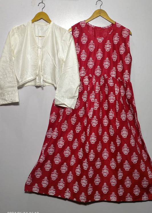 Tropical Breeze Long Frock With Jacket (Red)