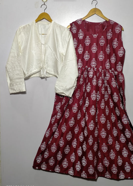 Tropical Breeze Long Frock With Jacket (Mehroon)