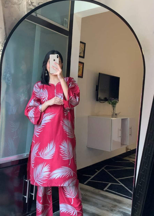 Linen 2-Piece  Leaf Design  (Pink)