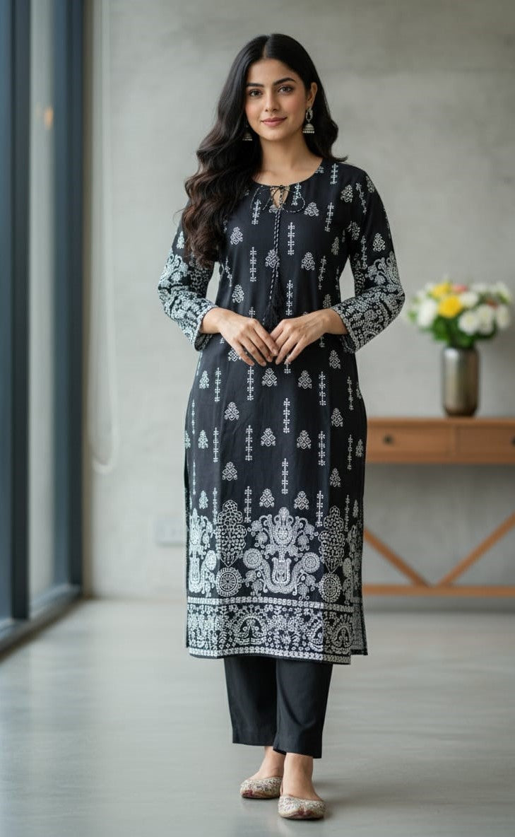 Steam Printed Linen 2-Piece Outfit for Girls (BLACK WHITE-1) (63)