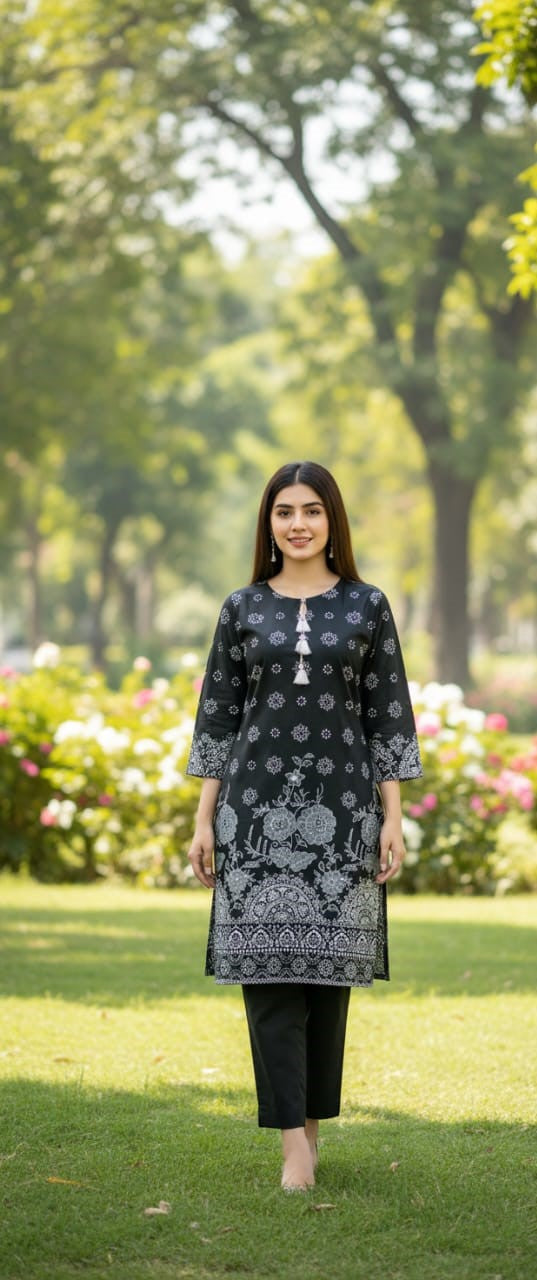 Steam Printed Linen 2-Piece Outfit for Girls (BLACK WHITE-3) (86)