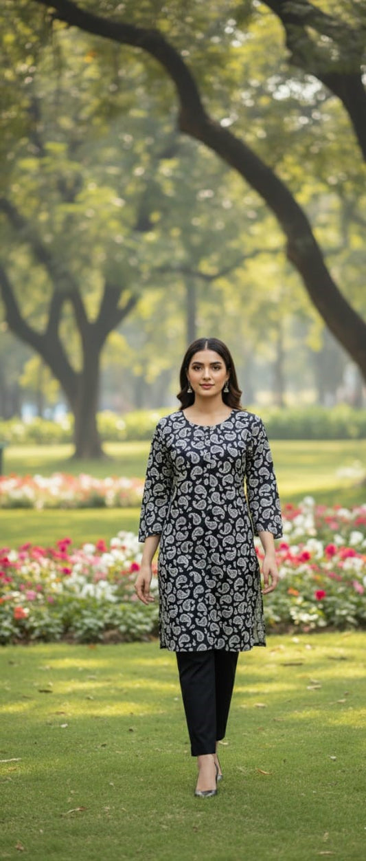 Steam Printed Linen 2-Piece Outfit for Girls (BLACK WHITE-4) (74)