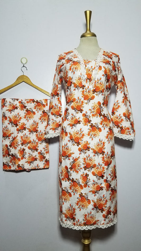 Cotton 2-Piece Stitched Set with Elegant Lace Detailing – Long Length Outfit (19)