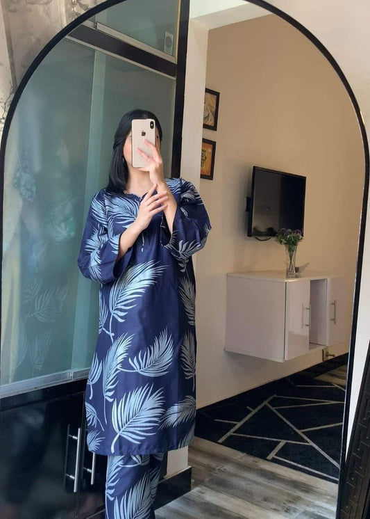 Linen 2-Piece  Leaf Design  (Navy Blue)