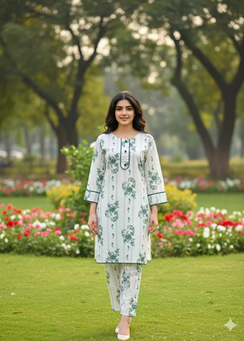 Ever Green SUMMER LINEN 2 PIECE  (Check Flower) (95)