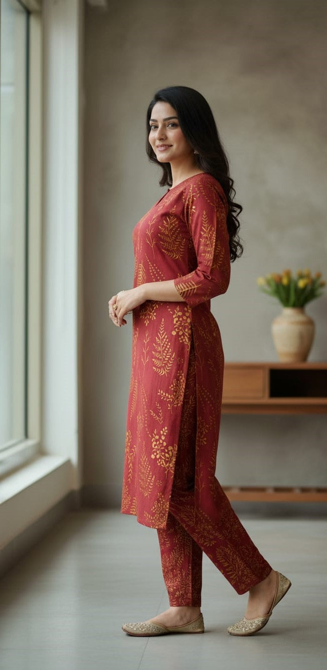 Petal Design Summer Linen Suit – Trendy & Lightweight (Mehroon)